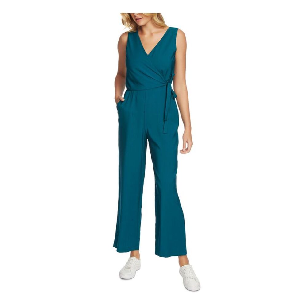 1. STATE Womens Green Sleeveless V Neck Wrap Cropped Jumpsuit 2